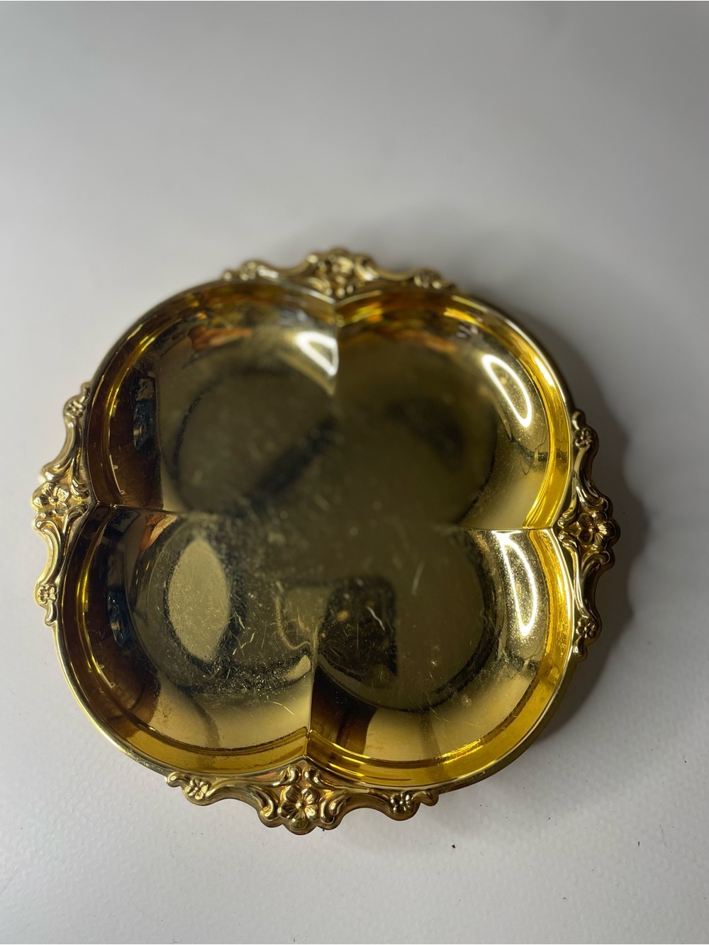 Vintage Gold Electro Plated Clover Shaped Candy Dish Ornate Floral Rim